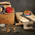 Lot 089 - Vintage Badge-A-Mint Hand Press and Cut-A-Circle Paper Cutter Button Making Kit with Button Parts, Manufactured by RPM Associates Ltd., LA Salle, Illinois