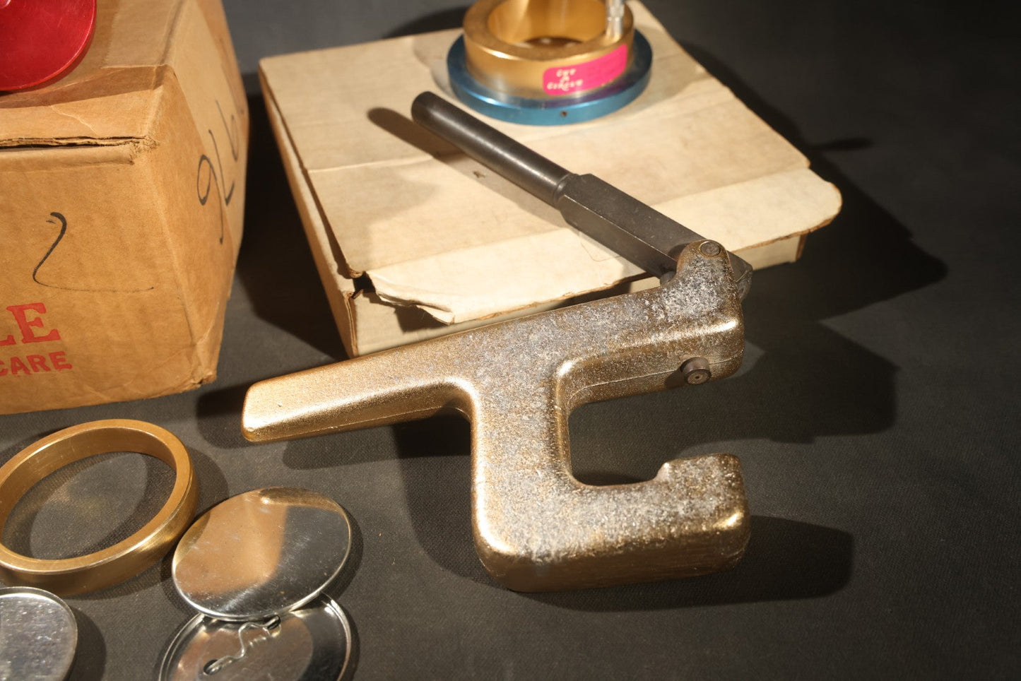 Vintage Badge-A-Mint Hand Press and Cut-A-Circle Paper Cutter Button Making Kit With Button Parts, Manufactured by RPM Associates Ltd., La Salle, Illinois