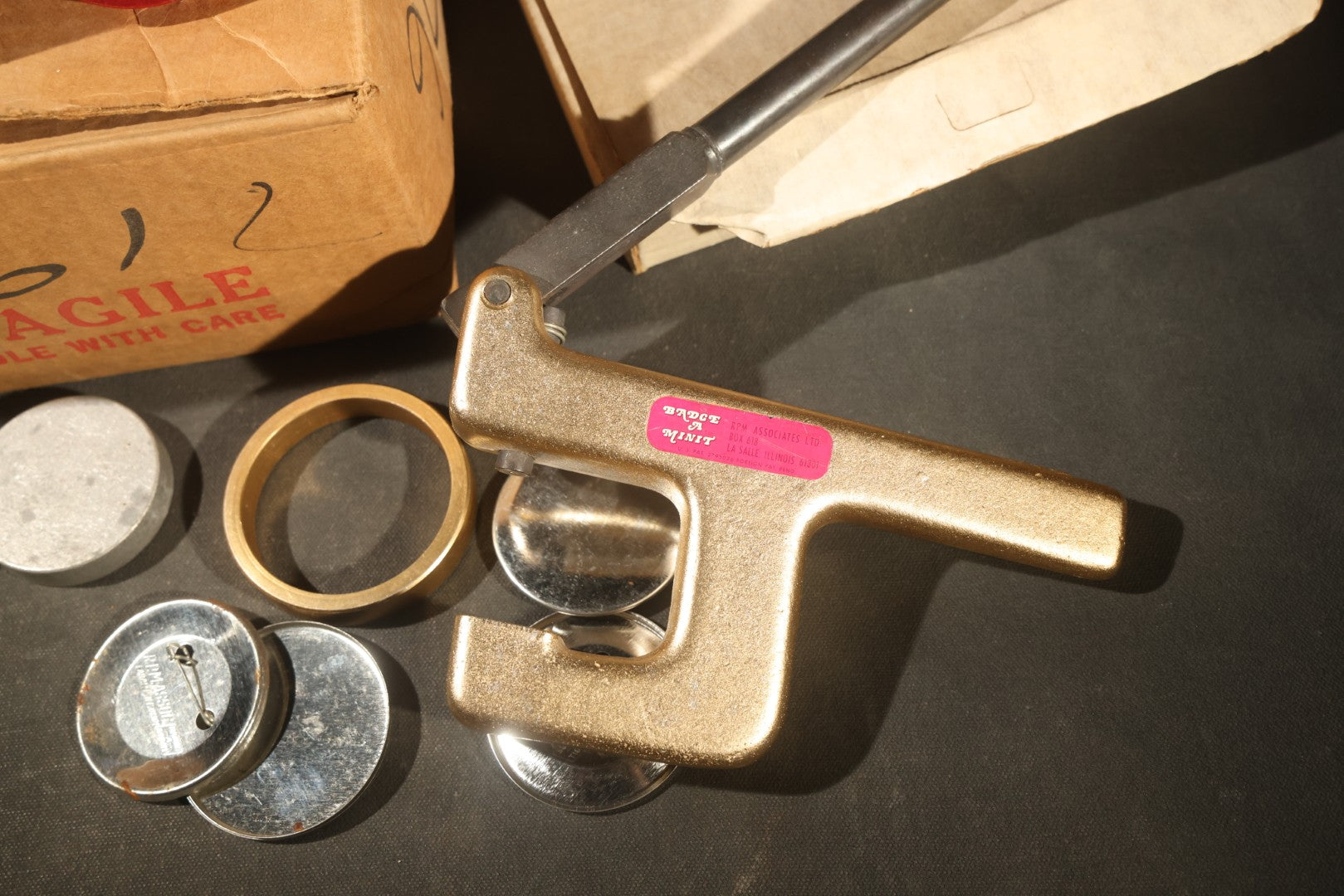 Vintage Badge-A-Mint Hand Press and Cut-A-Circle Paper Cutter Button Making Kit With Button Parts, Manufactured by RPM Associates Ltd., La Salle, Illinois