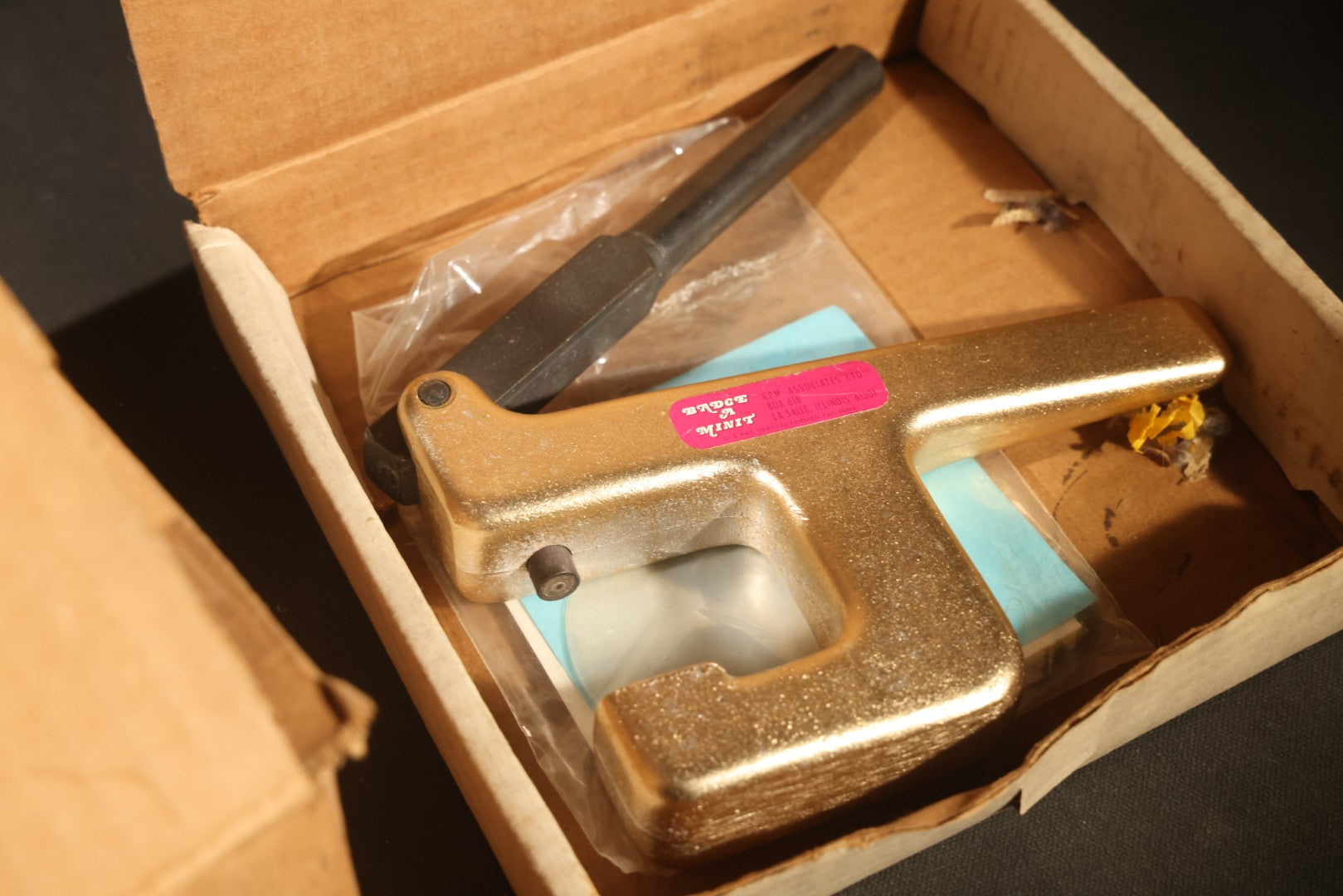 Vintage Badge-A-Mint Hand Press and Cut-A-Circle Paper Cutter Button Making Kit With Button Parts, Manufactured by RPM Associates Ltd., La Salle, Illinois