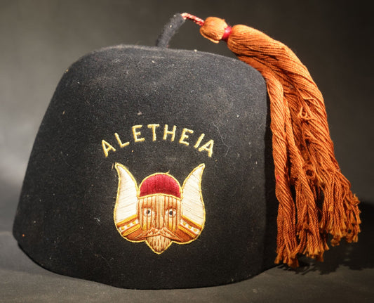 Vintage Black Felt Aletheia Fraternal Fez with Winged Viking Head Emblem and Orange Tassel, Charles F. Olpp Jeweler, New York