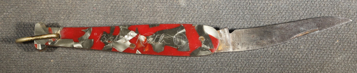Vintage Celluloid Baseball Bat Form Single Blade Folding Pocket Knife with Etched Babe Ruth Signature, Manufactured by Camillus Cutlery Co., Camillus, New York