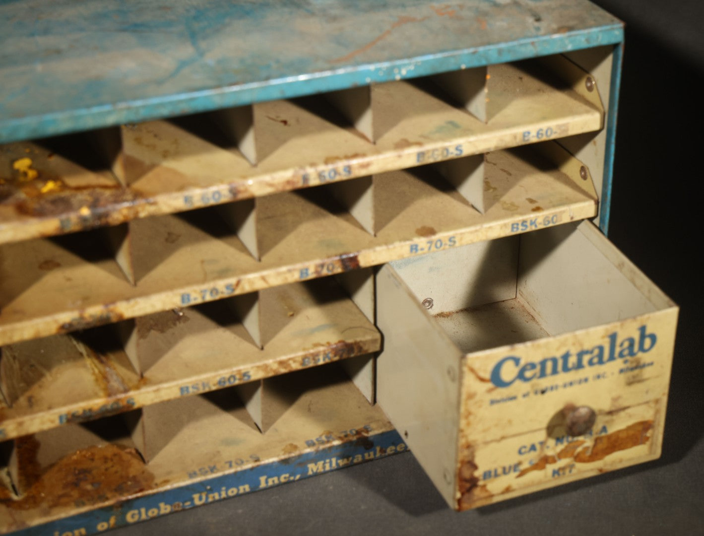 Vintage Centralab Division of Globe-Union Inc. Parts Cabinet Store Display, Milwaukee, Wisconsin, Note Very Dirty Interior