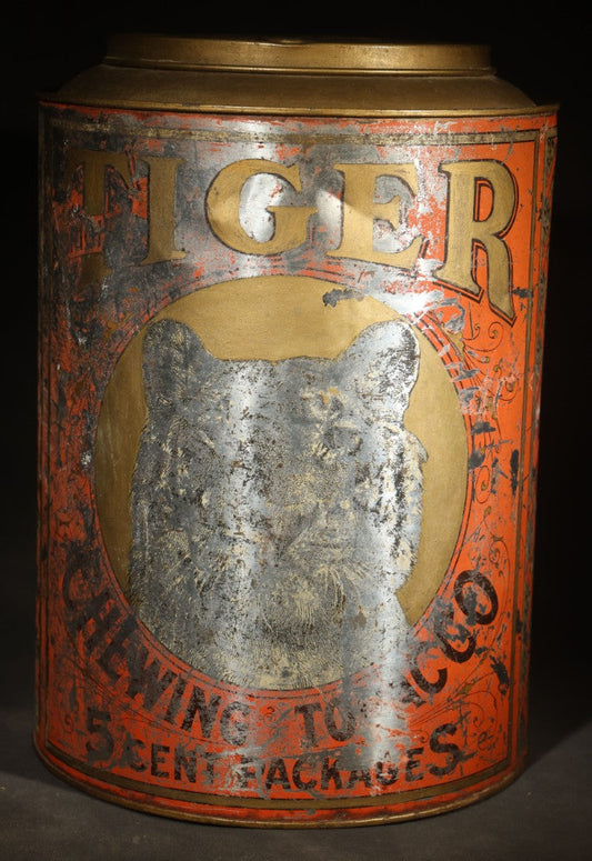 Vintage Tiger Brand Plug Cut Tobacco Tin with Heavy Graphic Loss, Modified with Holes for Lamp Conversion
