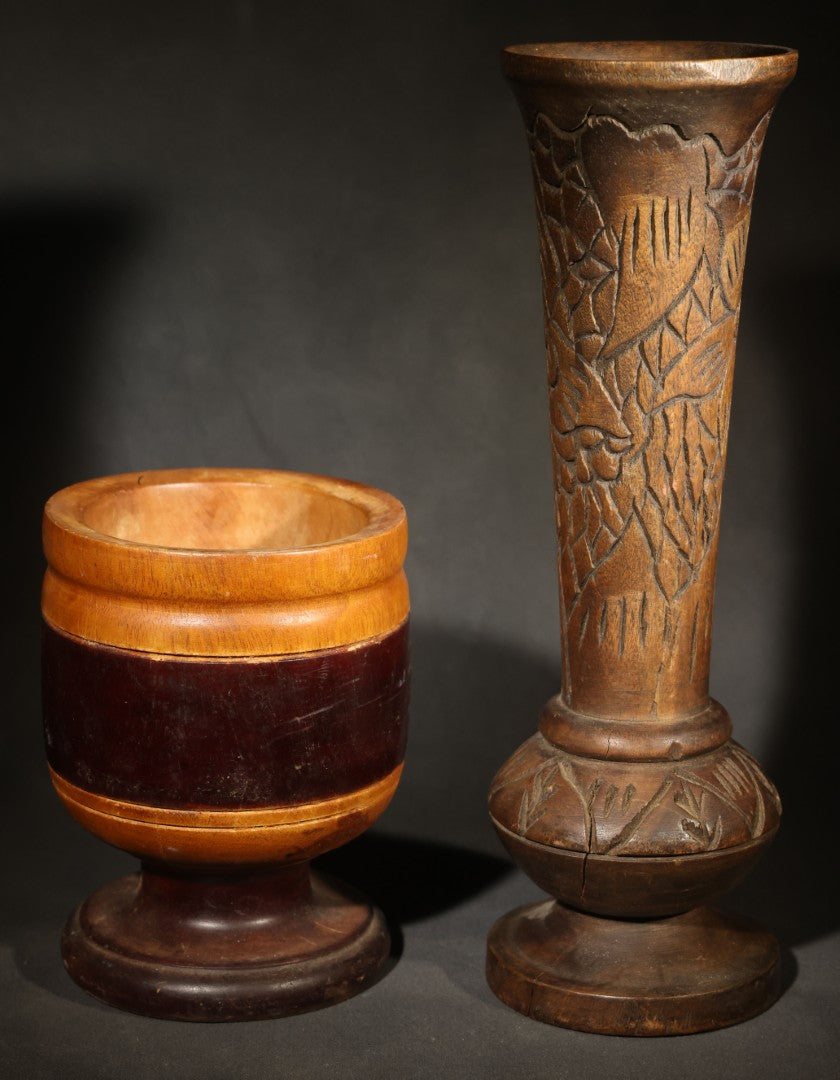 Pair of Vintage Turned Wood Vessels including Banded Pedestal Mortar and Carved Floral Vase