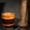 Lot 093 - Pair of Vintage Turned Wood Vessels Including Banded Pedestal Mortar and Carved Floral Vase
