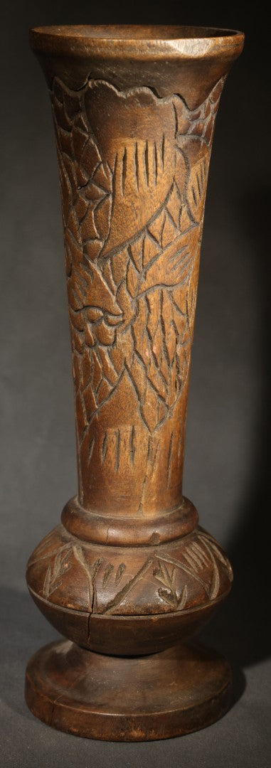 Pair of Vintage Turned Wood Vessels including Banded Pedestal Mortar and Carved Floral Vase