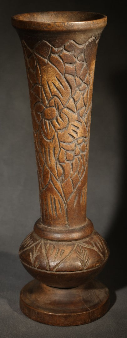 Pair of Vintage Turned Wood Vessels including Banded Pedestal Mortar and Carved Floral Vase