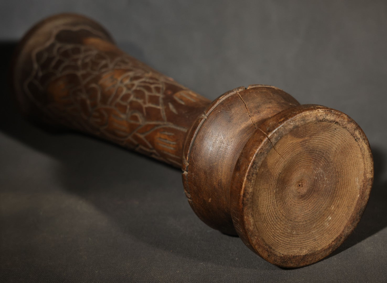 Pair of Vintage Turned Wood Vessels including Banded Pedestal Mortar and Carved Floral Vase