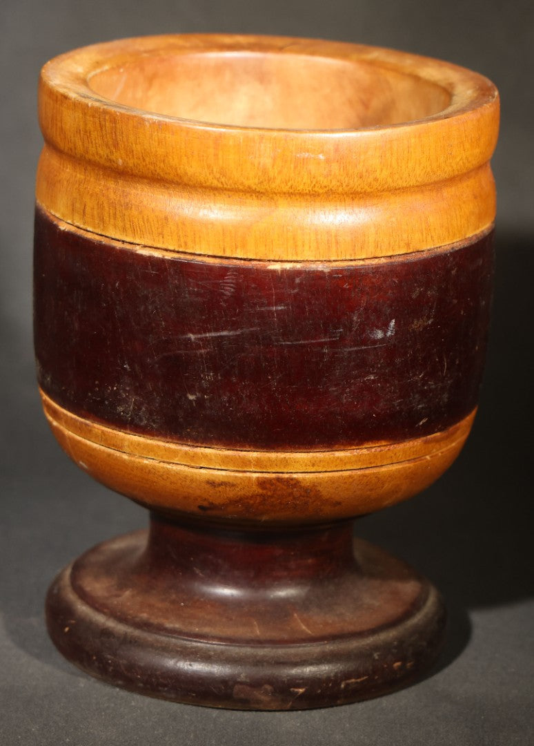Pair of Vintage Turned Wood Vessels including Banded Pedestal Mortar and Carved Floral Vase