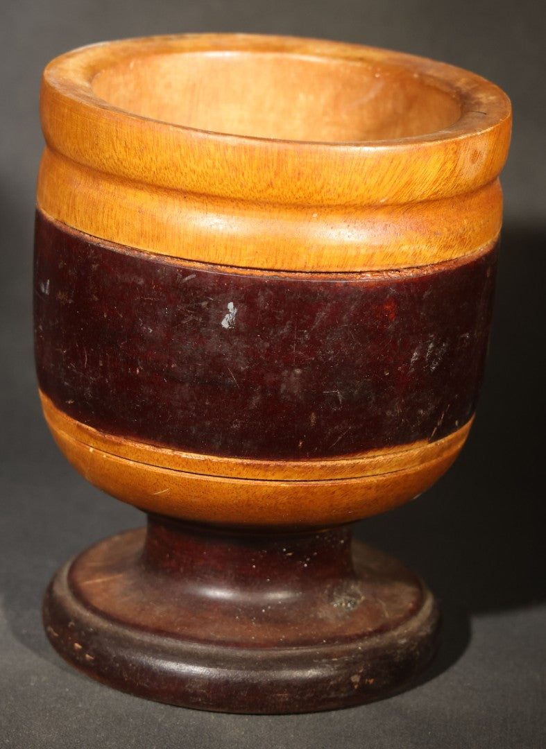 Pair of Vintage Turned Wood Vessels including Banded Pedestal Mortar and Carved Floral Vase