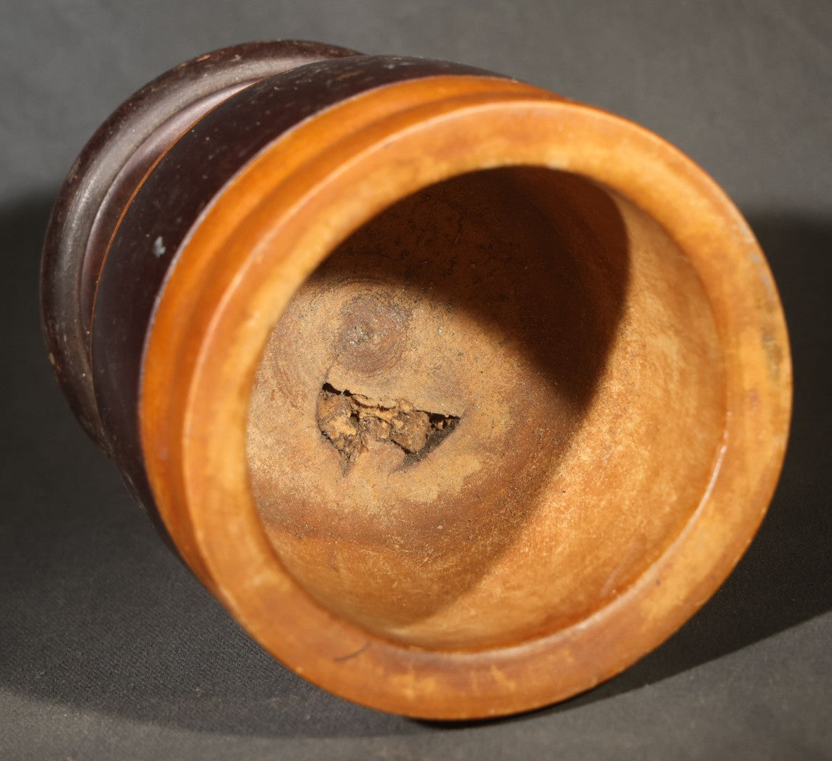 Pair of Vintage Turned Wood Vessels including Banded Pedestal Mortar and Carved Floral Vase