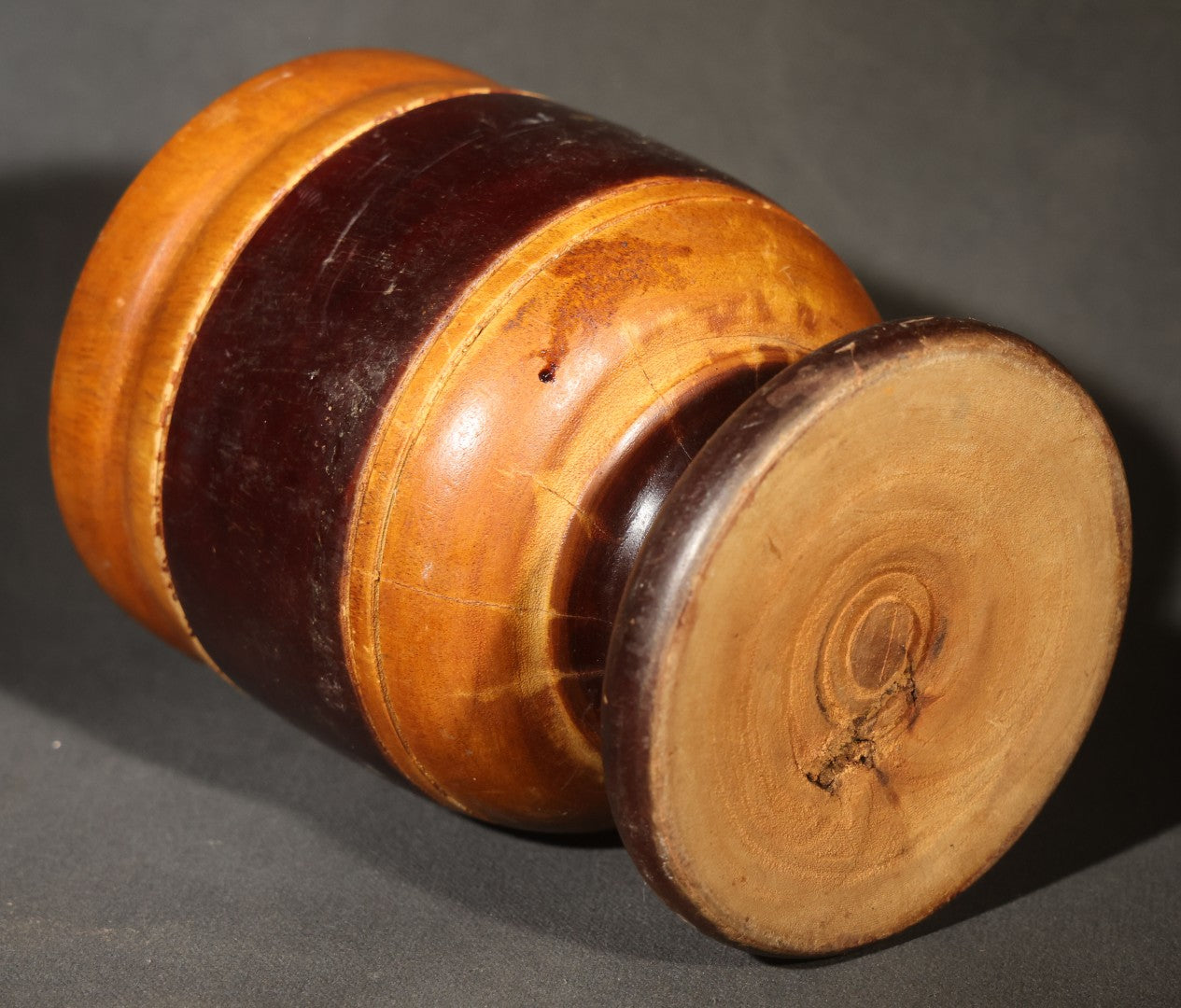 Pair of Vintage Turned Wood Vessels including Banded Pedestal Mortar and Carved Floral Vase