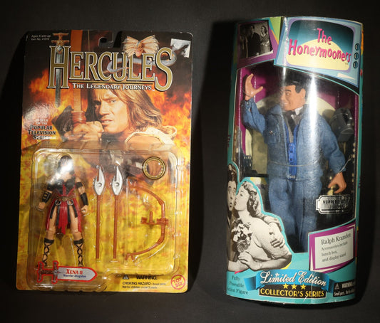 Pair of Vintage Television Character Action Figures including Hercules The Legendary Journeys Xena II Warrior Princess and The Honeymooners Ralph Kramden Limited Edition Collector's Series, Both in Original Blister Packaging