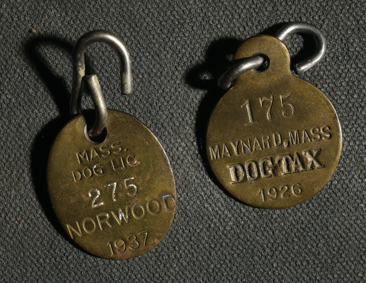 Pair of Vintage Dog Licenses, Norwood Mass 1937 and Maynard Mass 1926