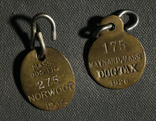 Pair of Vintage Dog Licenses, Norwood Mass 1937 and Maynard Mass 1926