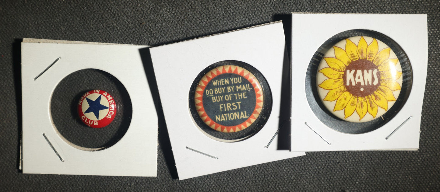 Trio of Buttons, Made in America Club, First National, and Kans