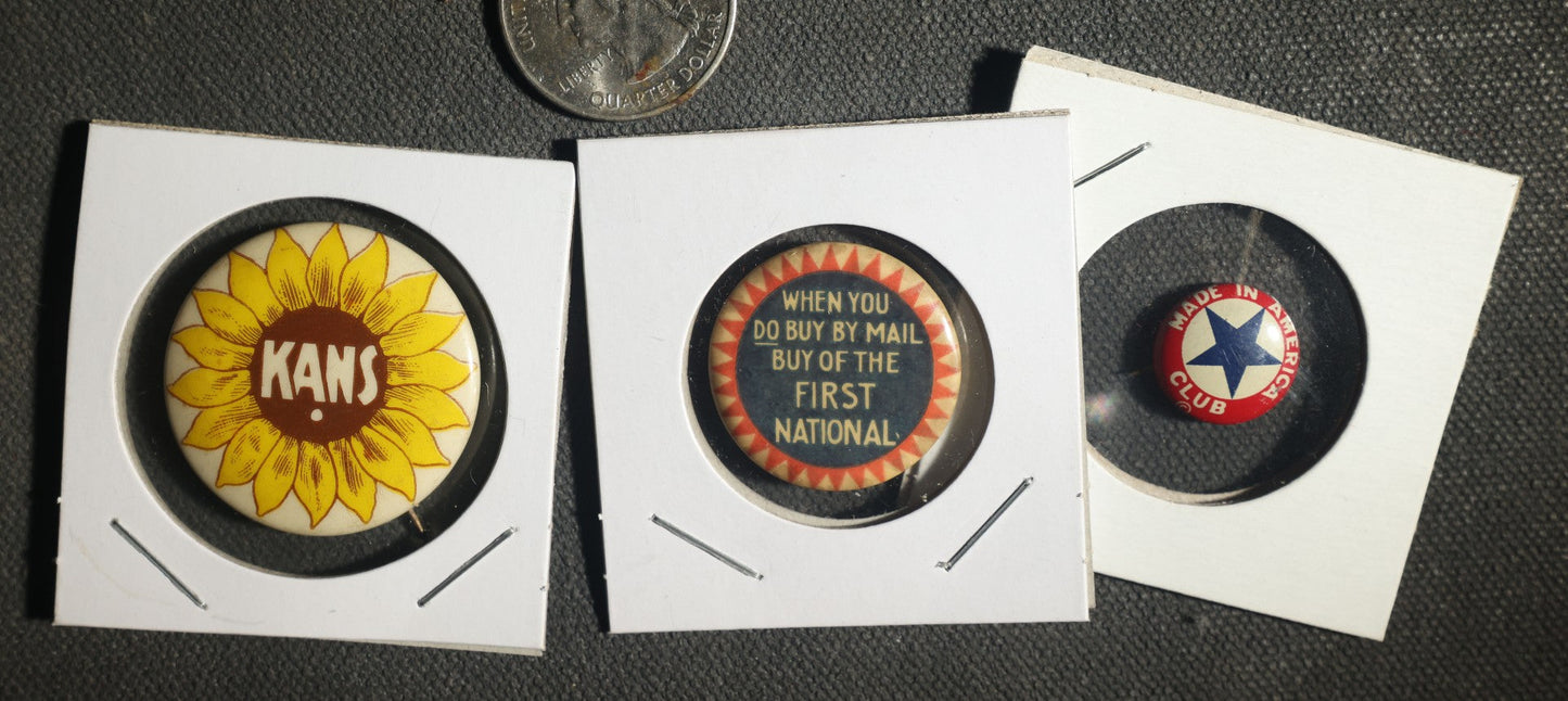 Trio of Buttons, Made in America Club, First National, and Kans