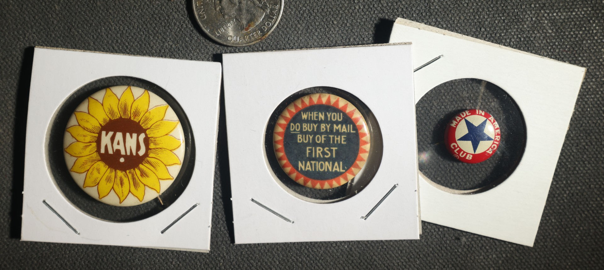 Trio of Buttons, Made in America Club, First National, and Kans