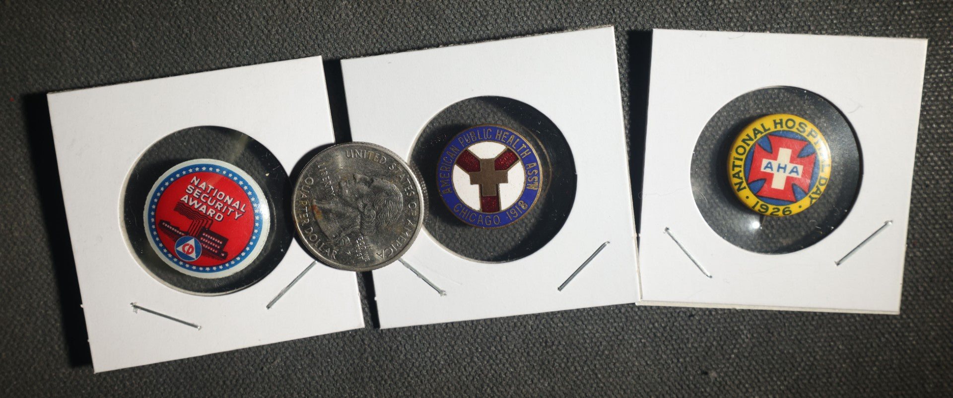 Trio, National Security Award and National Hospital Day 1926 Buttons and American Public Health Association Chicago 1918 Pin