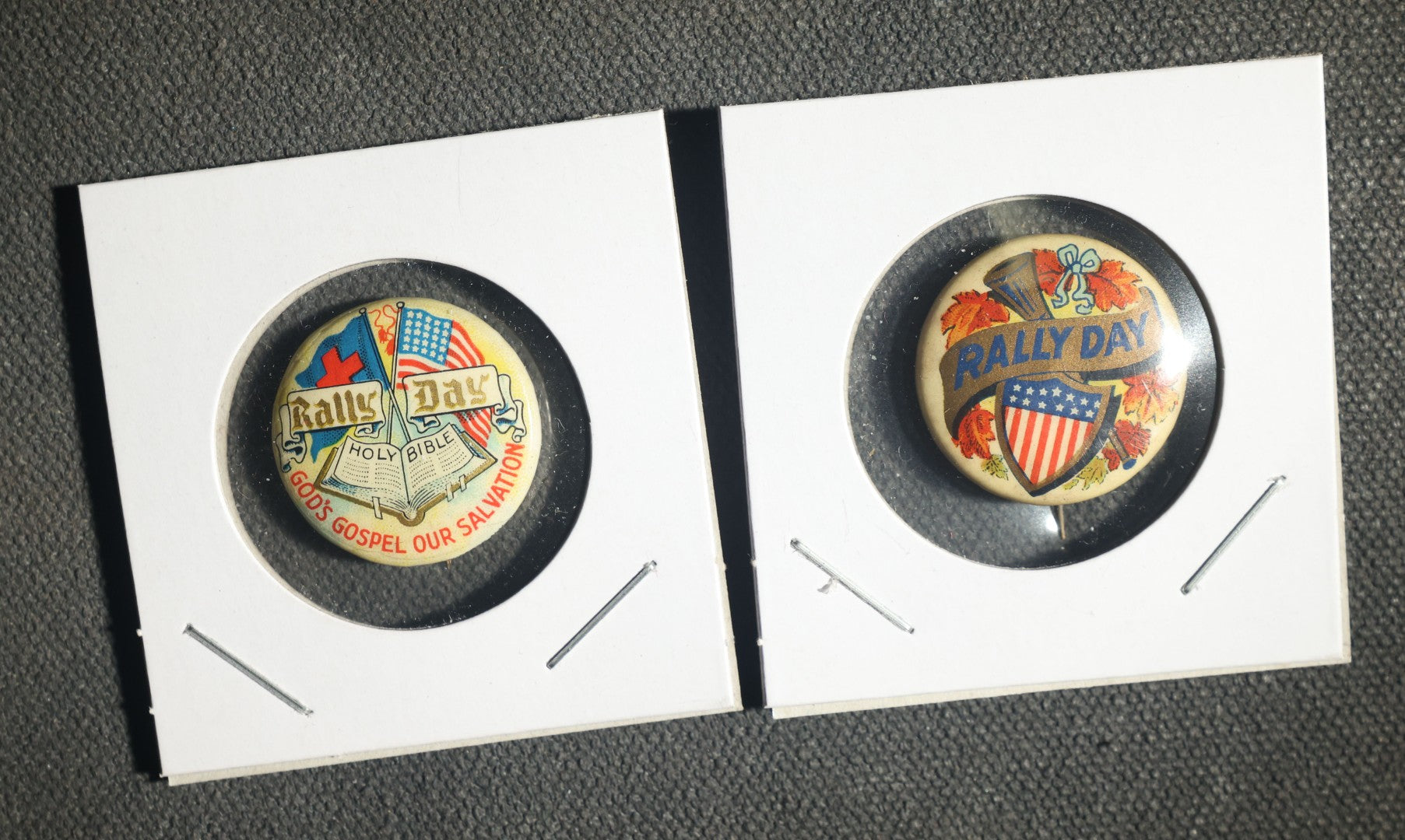 Pair of Rally Day Buttons, "God's Gospel Our Salvation"
