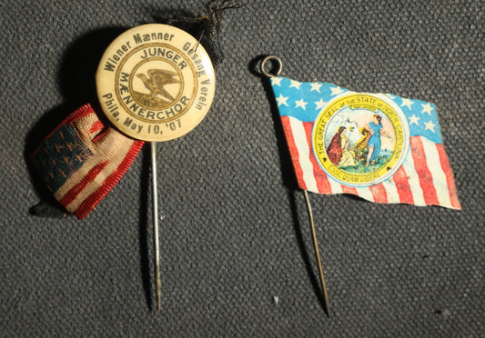Pair of Flag Stick Pins, Philadelphia 1907 with American Flag, and Great State of North Carolina