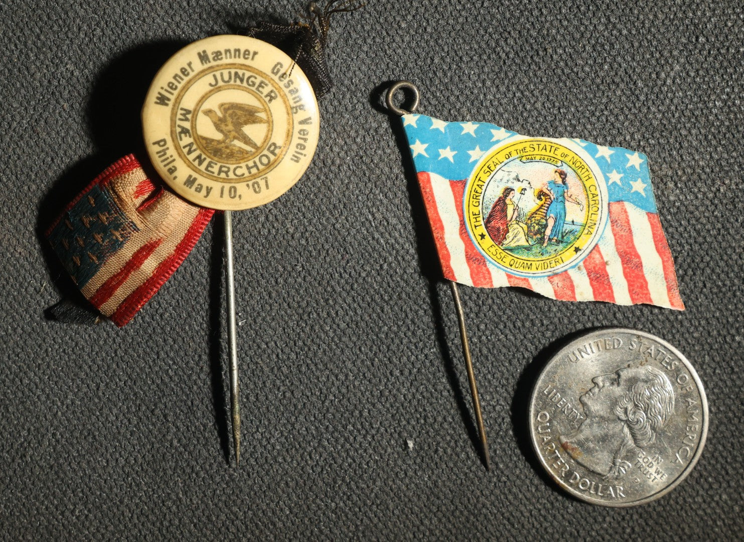 Pair of Flag Stick Pins, Philadelphia 1907 with American Flag, and Great State of North Carolina