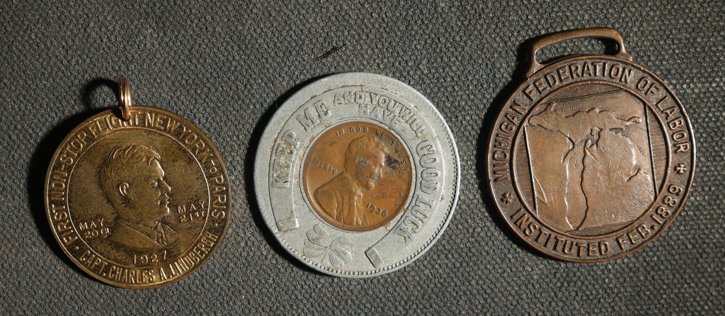 Trio of Medallions, Lindbergh 1927, Lucky Penny 1936, and Michigan Federation of Labor