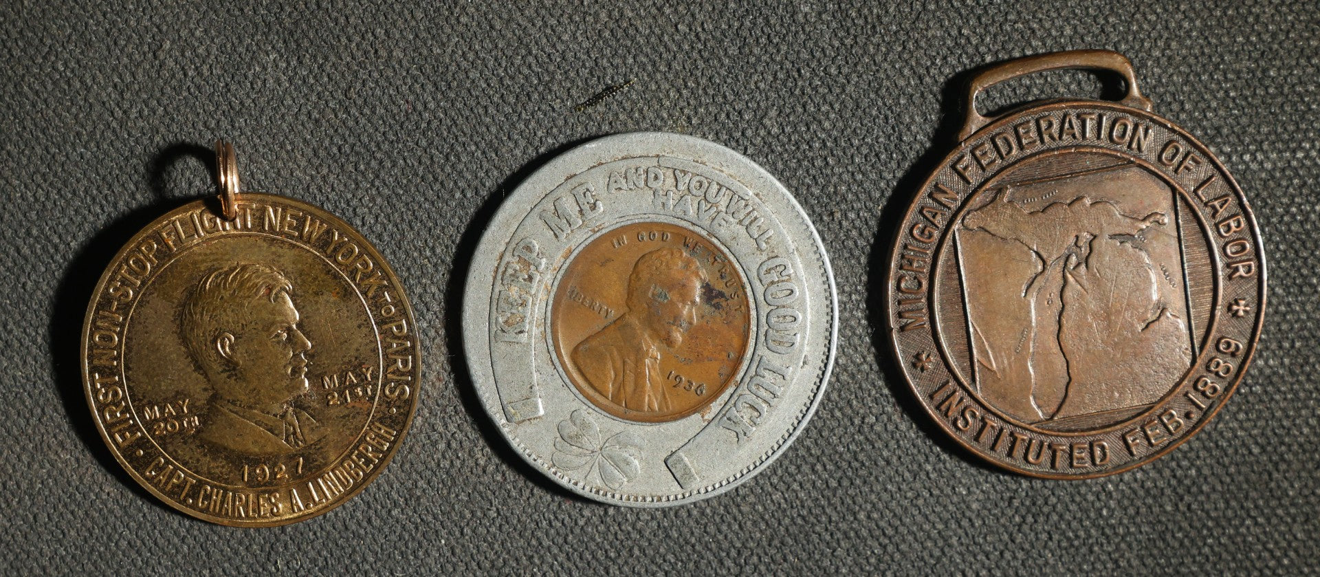 Trio of Medallions, Lindbergh 1927, Lucky Penny 1936, and Michigan Federation of Labor