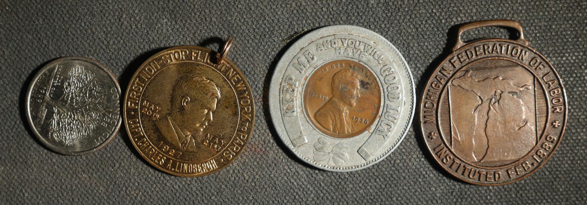 Trio of Medallions, Lindbergh 1927, Lucky Penny 1936, and Michigan Federation of Labor
