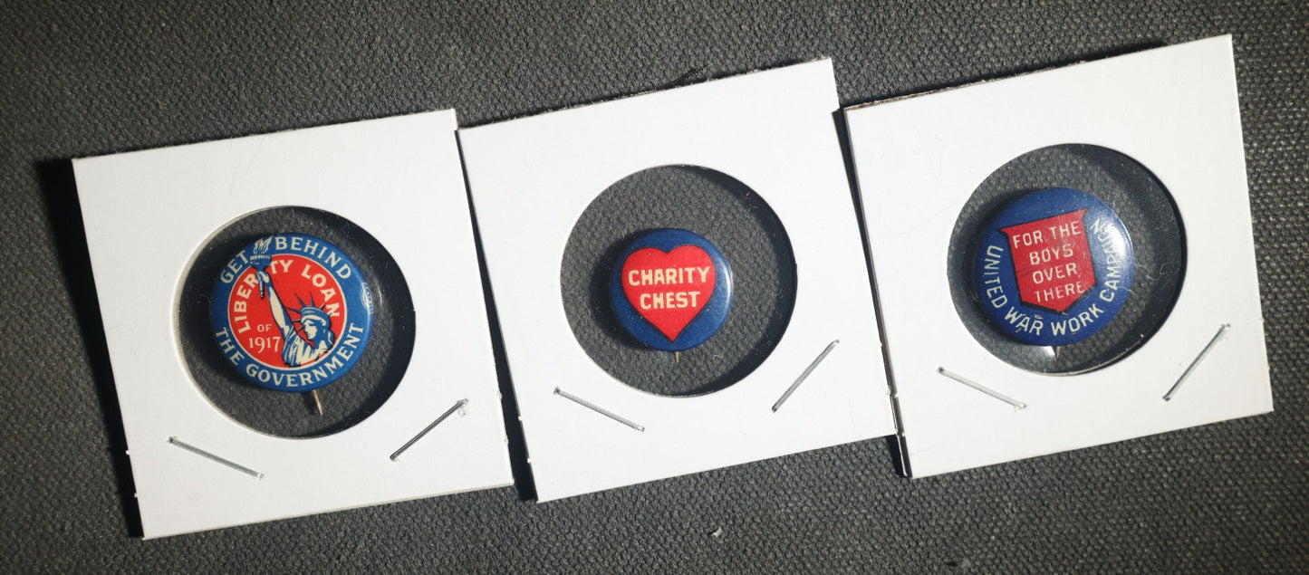 Trio of Buttons, Liberty Loan 1917, Charity Chest, and United War Campaign for the Boys Over There