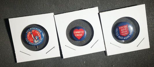 Trio of Buttons, Liberty Loan 1917, Charity Chest, and United War Campaign for the Boys Over There