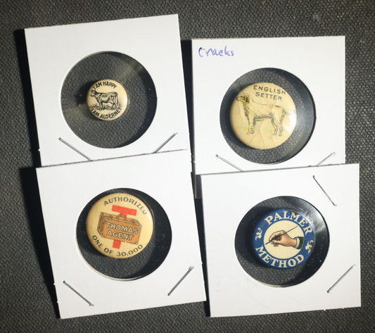 Four Buttons, Alderney Cow, English Setter Dog, Thomas Agent, and Palmer Method