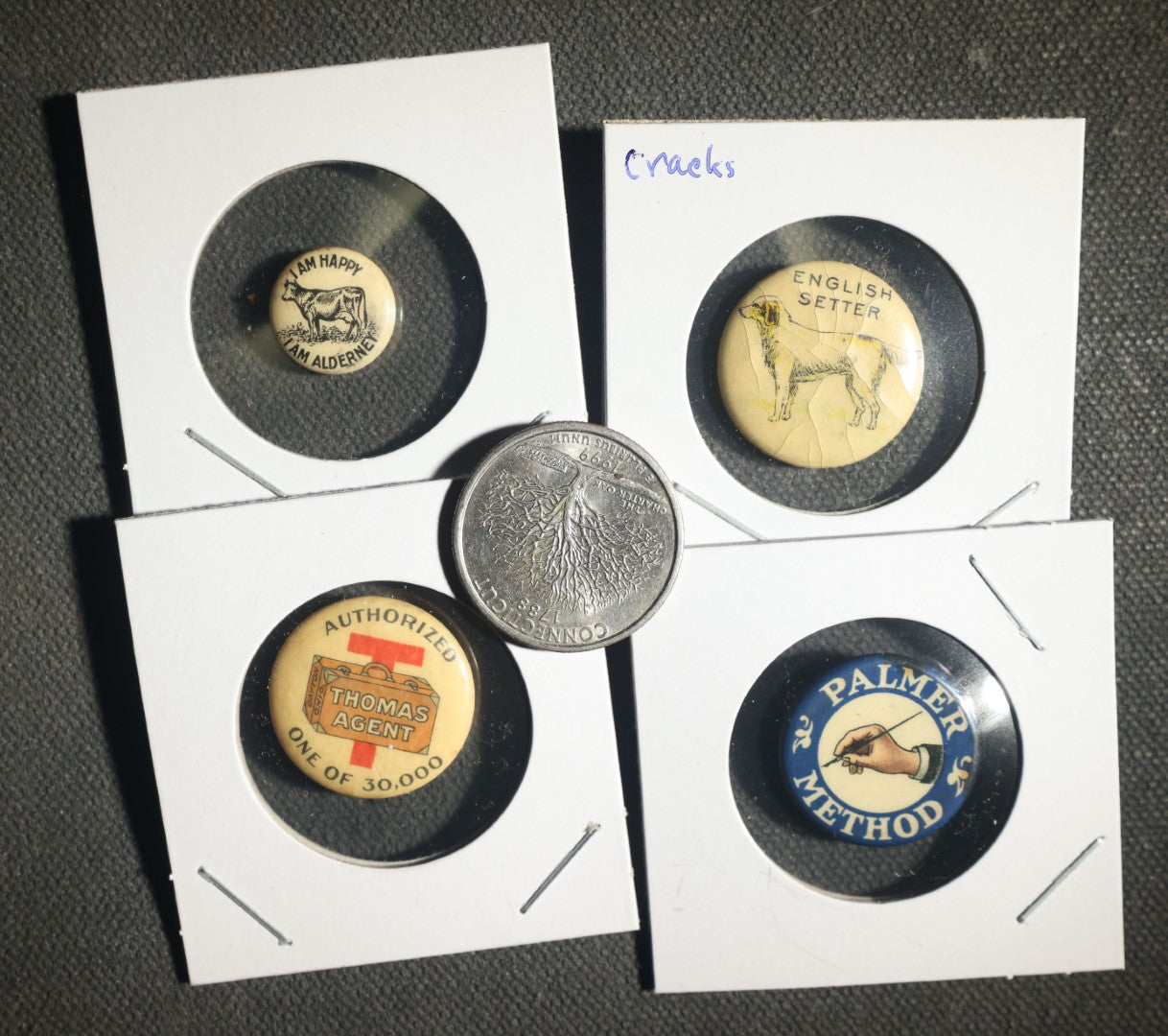 Four Buttons, Alderney Cow, English Setter Dog, Thomas Agent, and Palmer Method