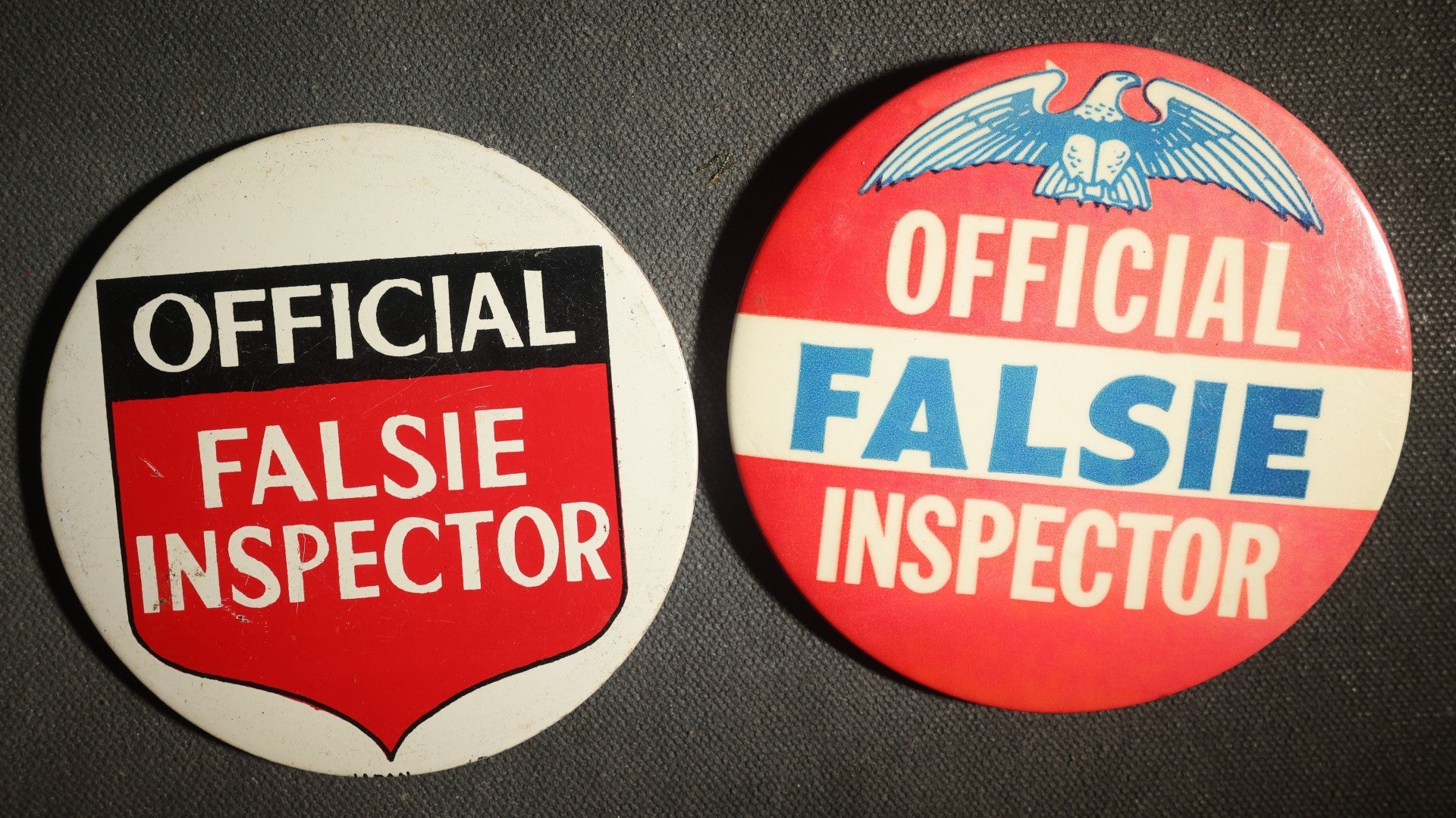 Pair of Large Novelty Buttons, Official Falsie Inspector