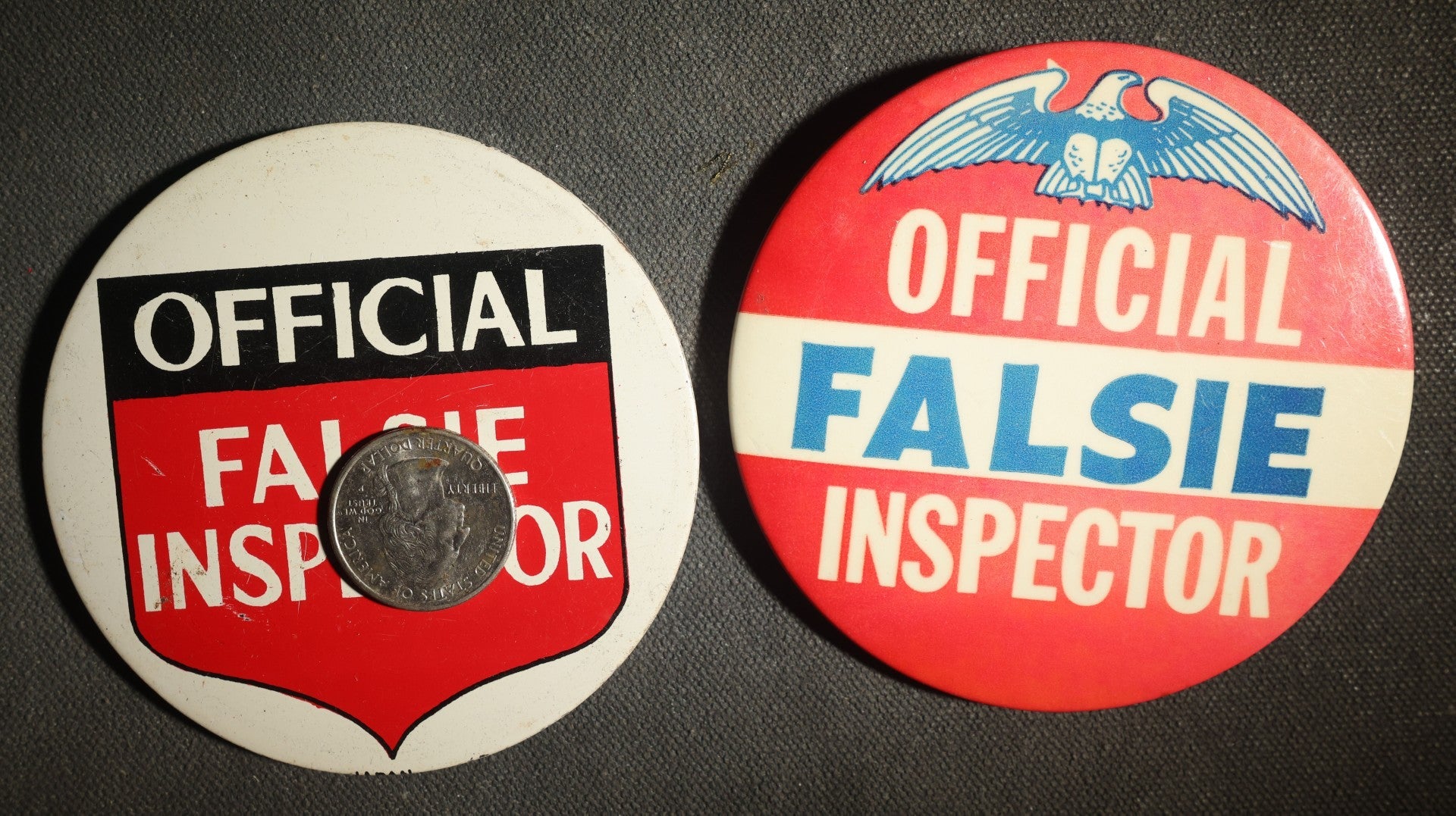 Pair of Large Novelty Buttons, Official Falsie Inspector