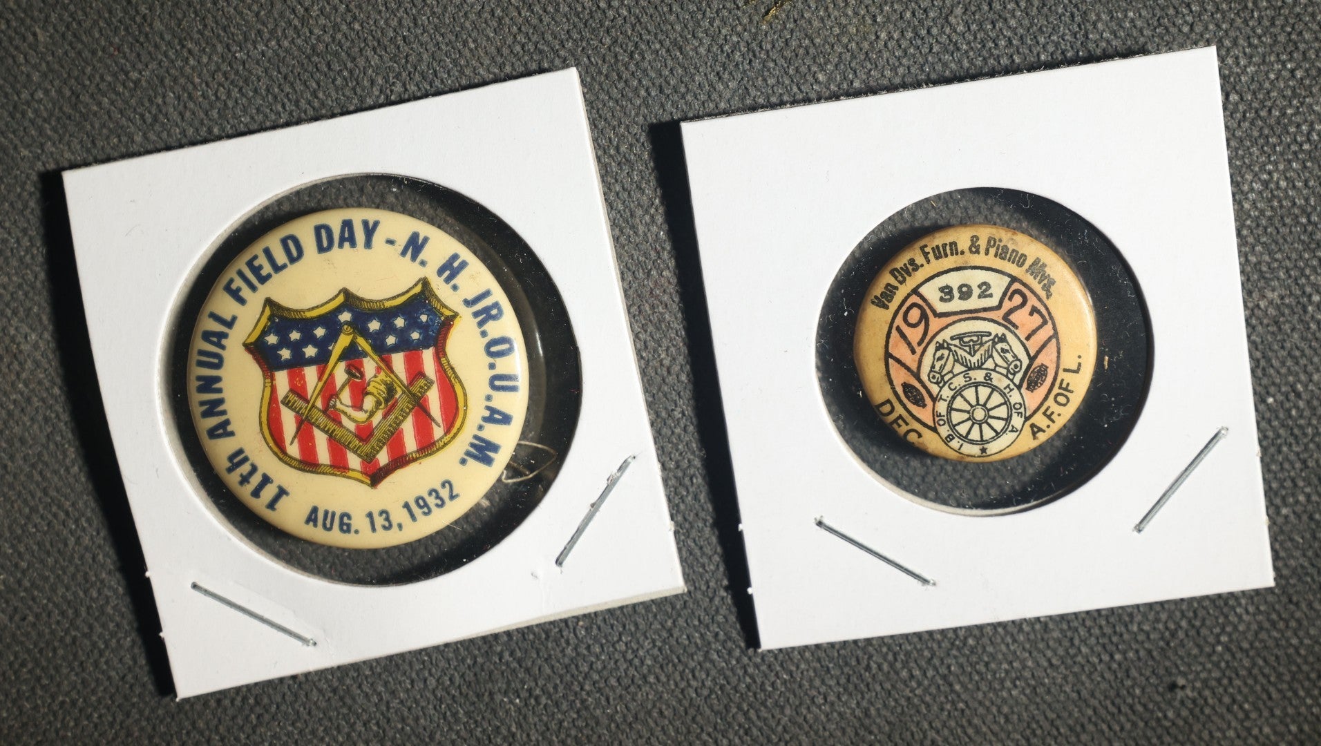 Pair of Labor / Fraternal Buttons, JR.O.U.A.M. 1932 Field Day and 1927 Labor Button for Furniture and Piano Movers
