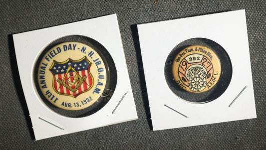 Pair of Labor / Fraternal Buttons, JR.O.U.A.M. 1932 Field Day and 1927 Labor Button for Furniture and Piano Movers