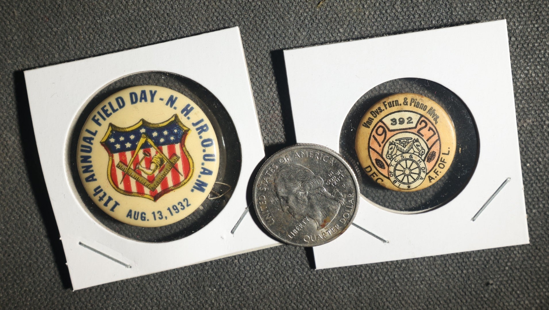 Pair of Labor / Fraternal Buttons, JR.O.U.A.M. 1932 Field Day and 1927 Labor Button for Furniture and Piano Movers