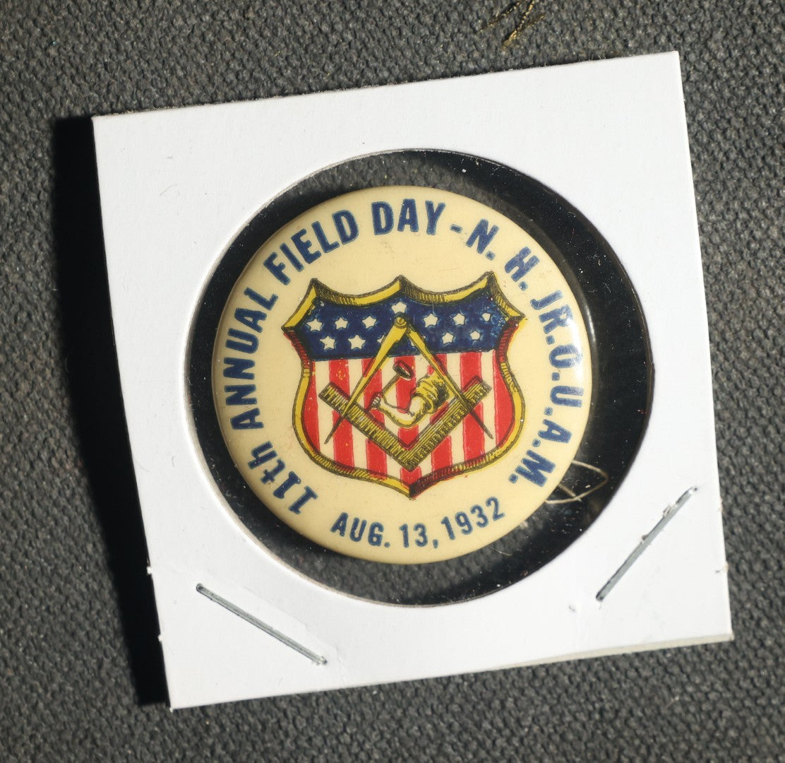 Pair of Labor / Fraternal Buttons, JR.O.U.A.M. 1932 Field Day and 1927 Labor Button for Furniture and Piano Movers