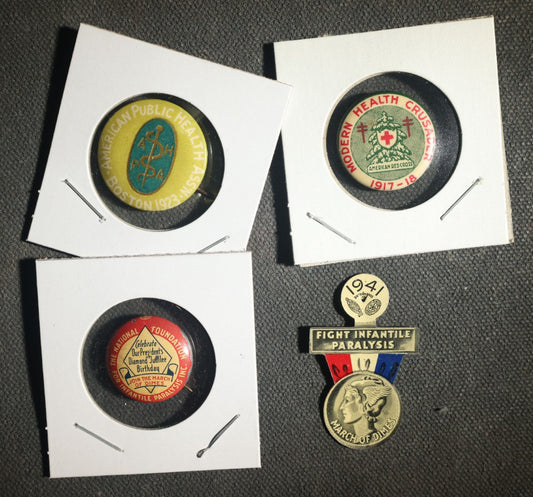 Four Health Related Buttons and Badges Including American Public Health Boston 1923, Modern Health Crusader 1917-18, National Foundation for Infantile Paralysis March of Dimes, and Fight Infantile Paralysis 1941 Tin Litho 