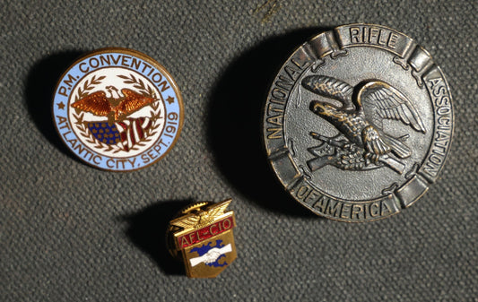 Trio of Pins Including National Rifle Association of America, AFL-CIO Screw Back, and P.M. Convention Atlantic City 1919