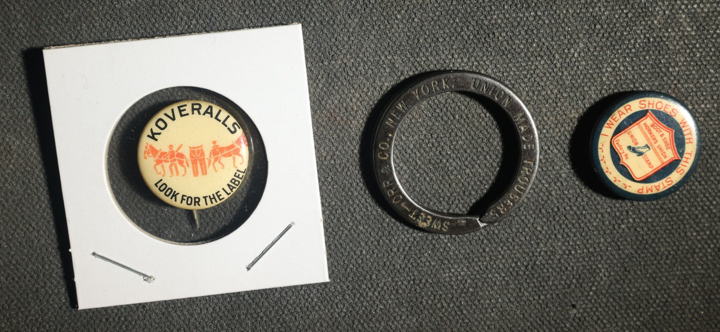 Trio of Clothing Related Advertisements Including Koveralls and Union Made Shoes Buttons, and Sweet-Orr Union Made Trousers and Overalls Key Ring