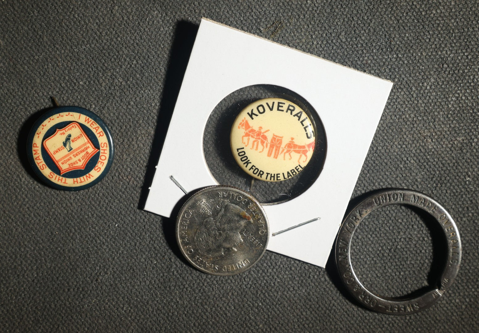 Trio of Clothing Related Advertisements Including Koveralls and Union Made Shoes Buttons, and Sweet-Orr Union Made Trousers and Overalls Key Ring