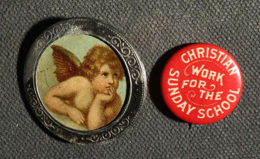 Pair of Buttons Including Paper Litho of Angel and Christian Work for the Sunday School