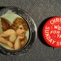Lot 028 - Pair of Buttons Including Paper Litho of Angel and Christian Work for the Sunday School