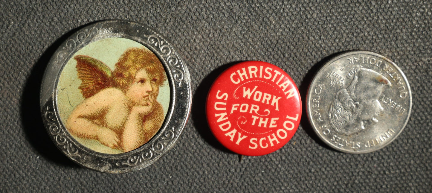 Pair of Buttons Including Paper Litho of Angel and Christian Work for the Sunday School