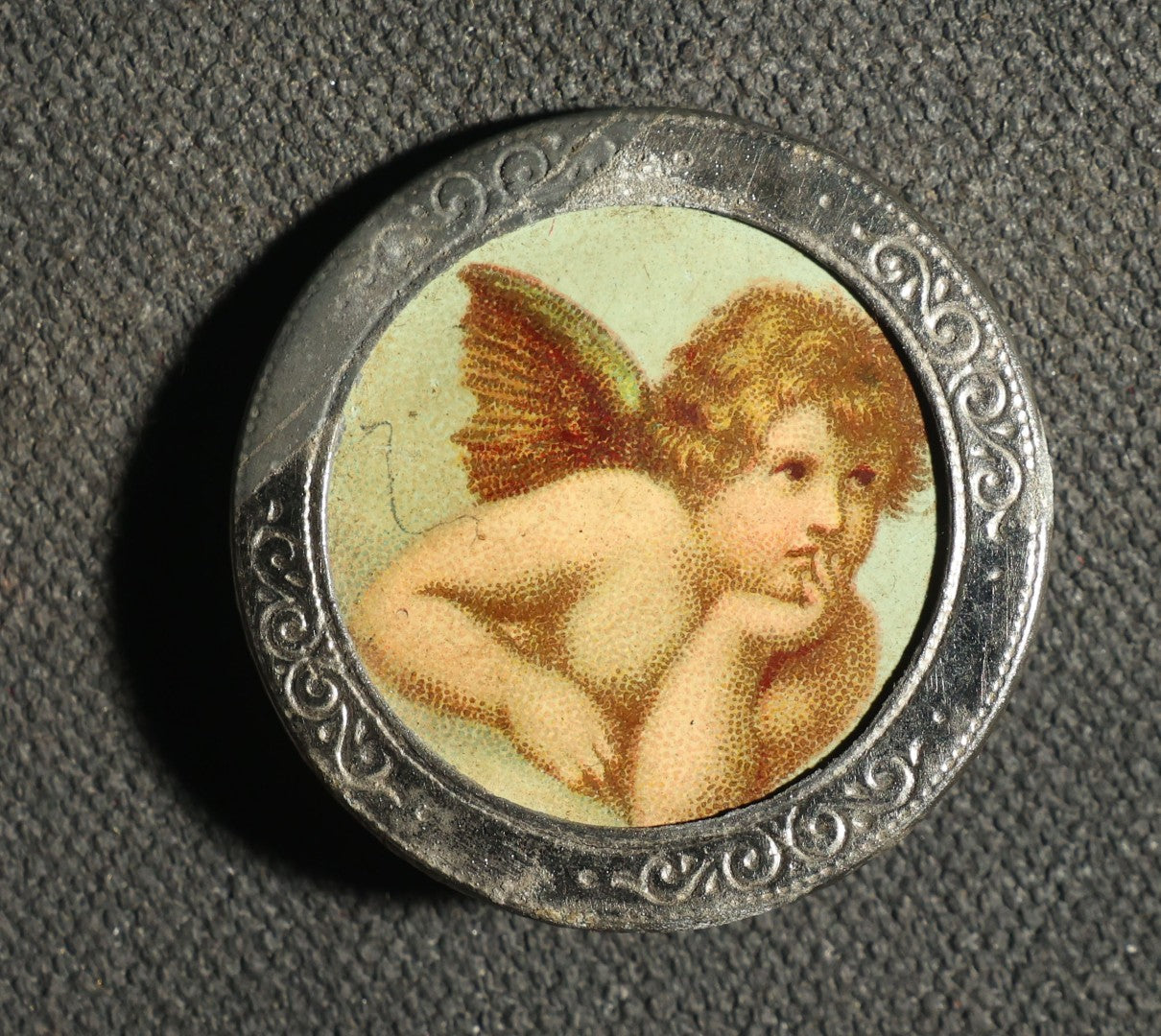 Pair of Buttons Including Paper Litho of Angel and Christian Work for the Sunday School