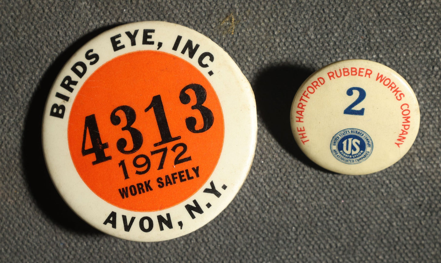 Pair of Employee Badge Buttons, Birds Eye, Inc Avon New York and the Hartford Rubber Works Company