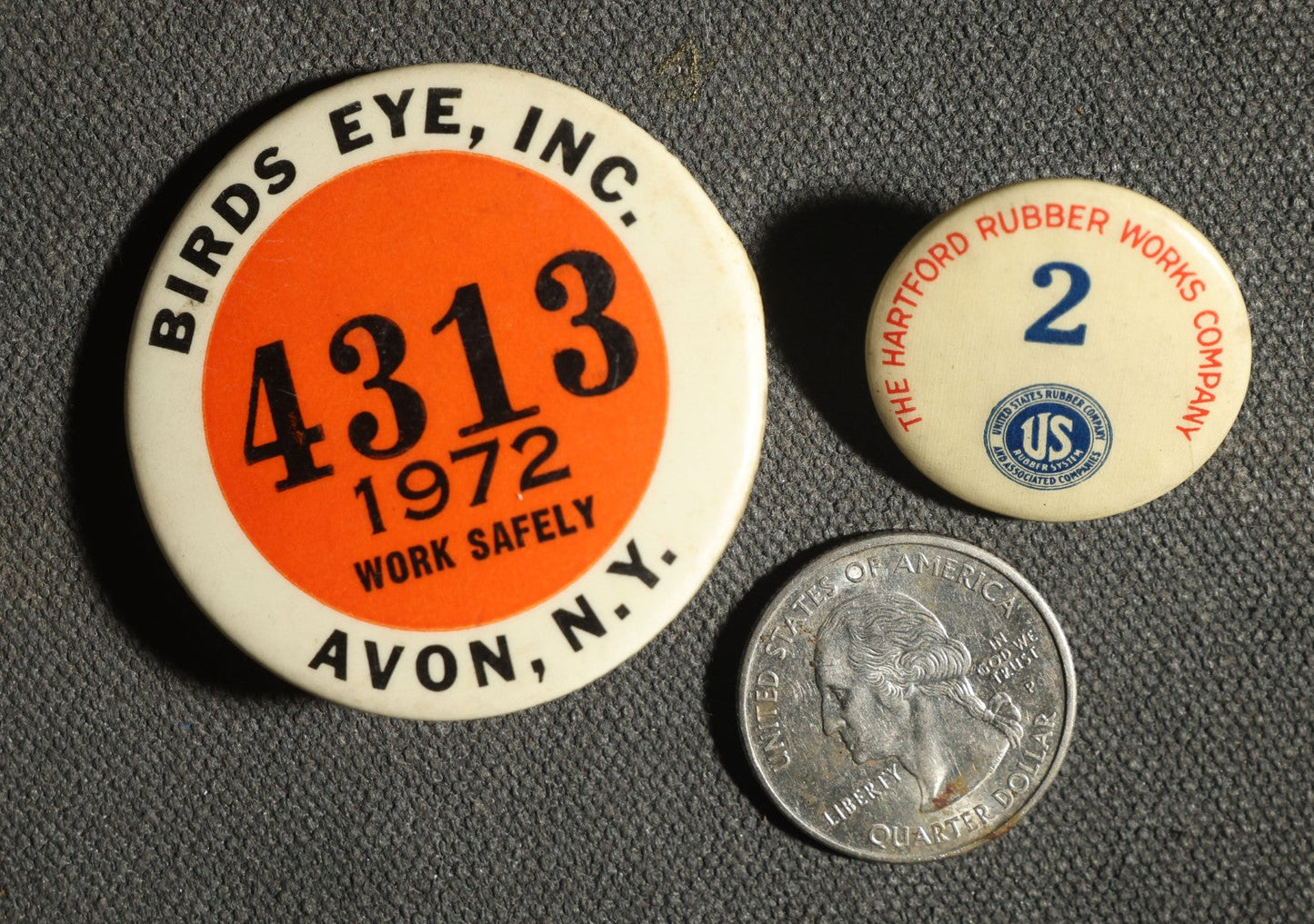 Pair of Employee Badge Buttons, Birds Eye, Inc Avon New York and the Hartford Rubber Works Company